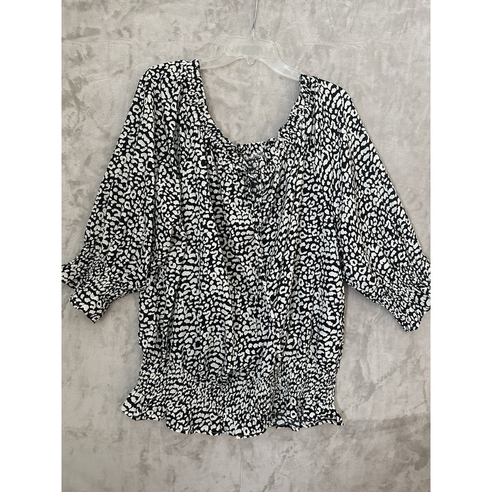 Suzanne Betro Top Womens 2XL Black White Off Shoulder Tunic Long Sleeves Casual